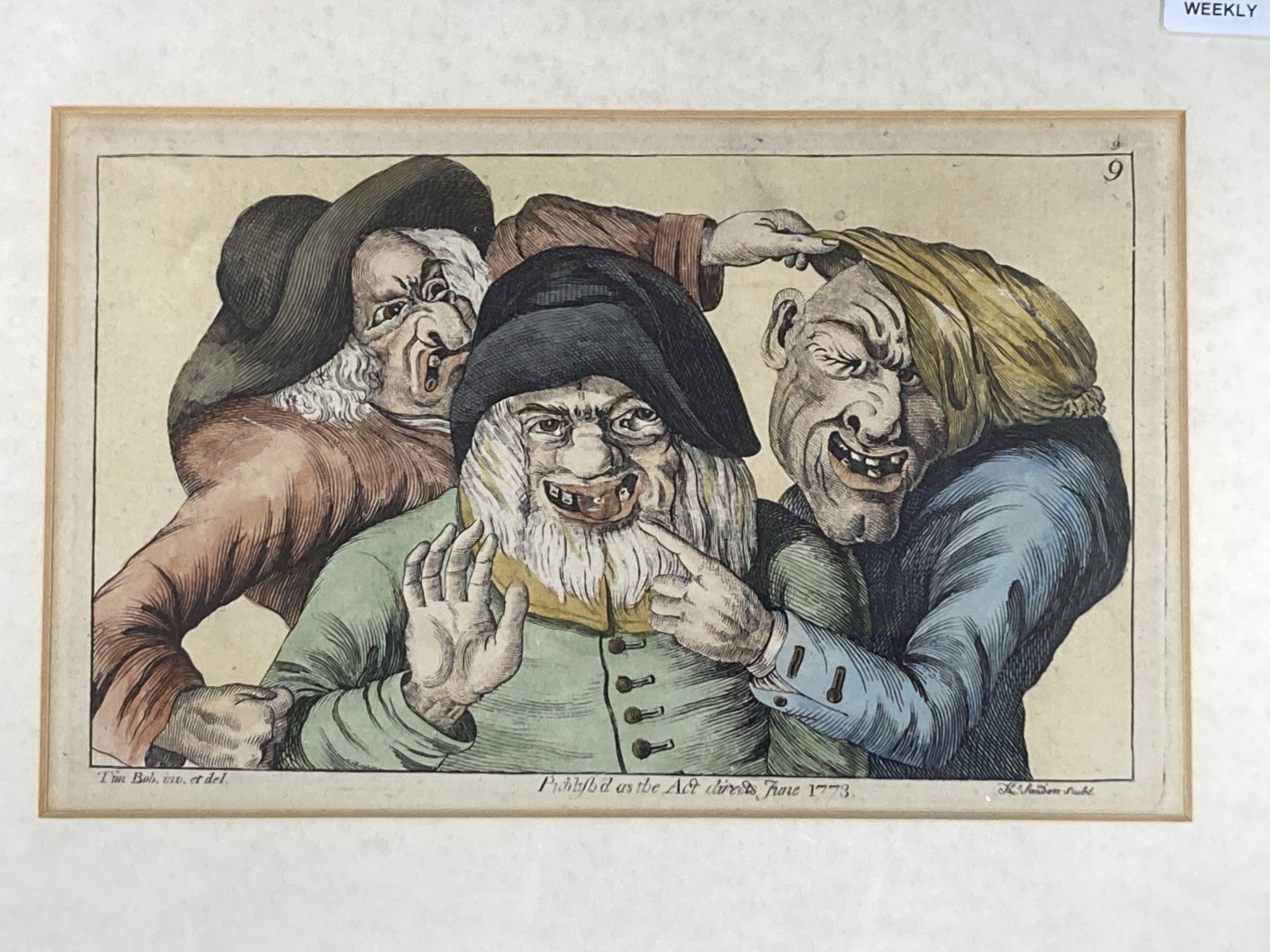 Tim Bobbin (John Collier 1708-1786), a set of five framed engraved caricatures from Human Passions Delineated